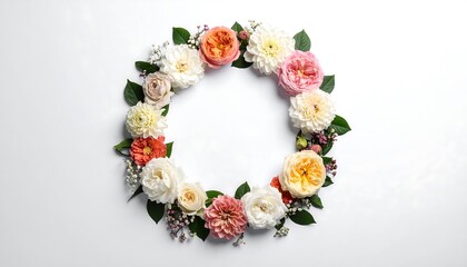 Elegant floral wreath with pastel roses and green leaves on white background.