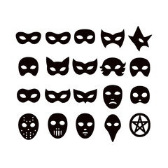 Collection of diverse black silhouette masks and symbols on a light background