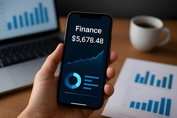 Modern Digital Finance App Concept – Smartphone with Investment Graphs, Business Workspace, Financial Technology