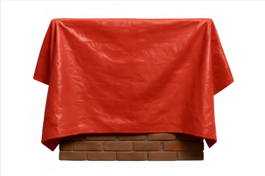 Red fabric covering a hidden object on brick plinth