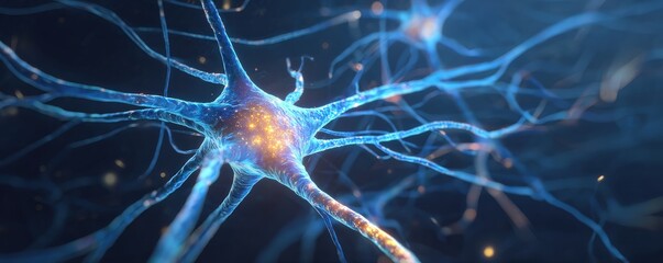 Obraz premium A close-up visualization of a neuron, showcasing its intricate structure and glowing connections, representing the complexity of the nervous system.