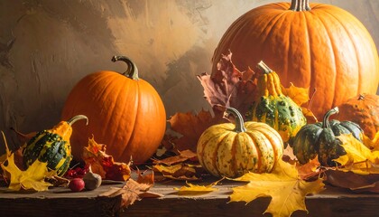 Autumn Harvest Still Life with Pumpkins and Gourds.