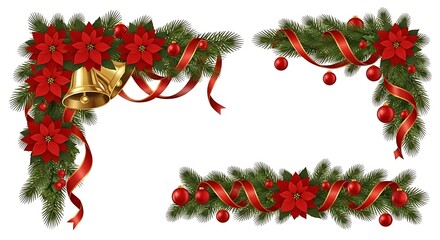 Festive christmas corner decorations with poinsettias ribbons and bells