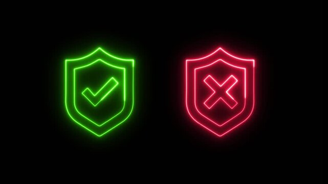 Glowing Approval and Cancel Symbol. Green tik mark and red cross icon. Glowing Neon Check Mark and Cross Icon.