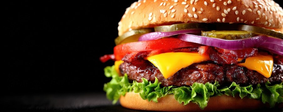 A delicious, layered hamburger featuring a beef patty, lettuce, cheese, onions, tomatoes, and pickles on a sesame seed bun against a dark background.
