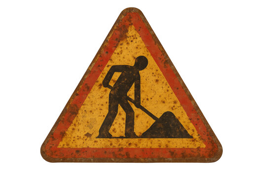 Old rusted construction road work warning sign