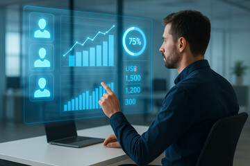 Businessman Analyzing Digital Analytics Dashboard with Growth Graphs and Data Insights