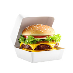 Delicious juicy hamburger with melted cheese and fresh lettuce in a white takeout box isolated on transparent background