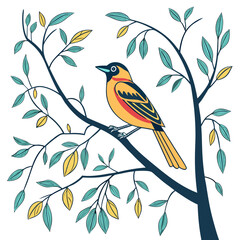 Colorful Bird on Branch Vector Illustration