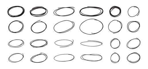 Fototapeta na wymiar Highlight oval circle hand drawn doodle frames. Free pencil round lines. Round brush mark.
