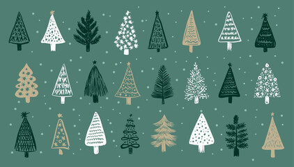Christmas trees on green background