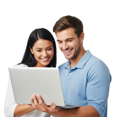 Smiling couple engaged with a laptop screen showing information together isolated on transparent background