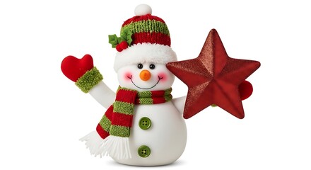 Fototapeta premium Cute christmas snowman with red star and festive scarf and hat