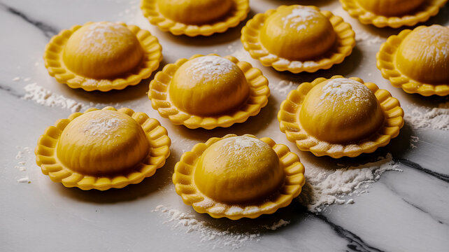 Close-up of Yellow Round Ravioli with Powdered Sugar on Marble pasta italian food
