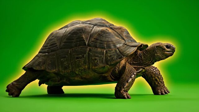 Side view of a tortoise walking on a green surface