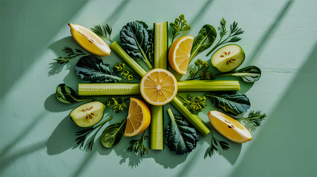 Fresh Green Vegetables and Citrus Slices Arranged in a Radial Pattern greens celery