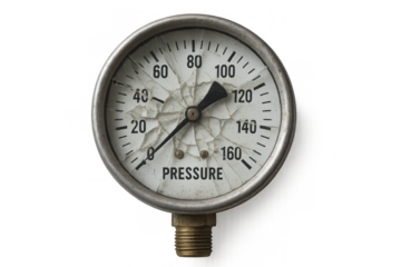 Old pressure gauge showing broken glass on dial