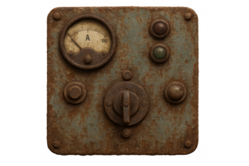 Rusty vintage industrial control panel with ammeter and switches