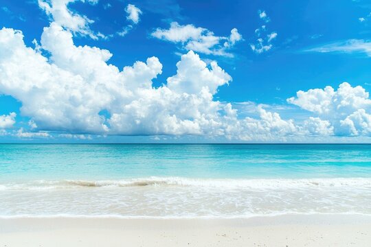Beautiful tropical beach with white sand, turquoise ocean, and clear blue sky with fluffy clouds, ideal for summer travel, vacation promotion, and relaxation background use