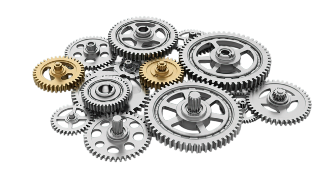 Interlocking Mechanical Gears Working Together Symbolizing Teamwork and Engineering Precision