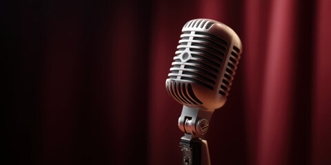 Classic Silver Microphone Stand with Red Stage Curtain Background
