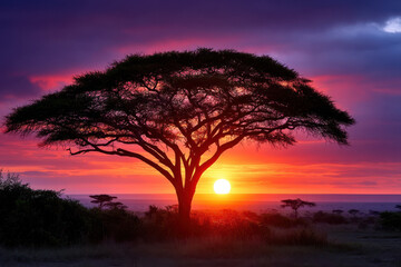 Fototapeta premium Majestic acacia tree silhouetted against a vibrant African sunset over the savanna