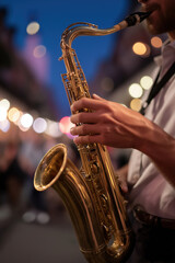 Close-Up of Saxophonist Playing Music at Night with Bokeh Lights