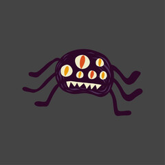 Whimsical dark purple cartoon monster illustration with multiple glowing eyes and sharp fangs design