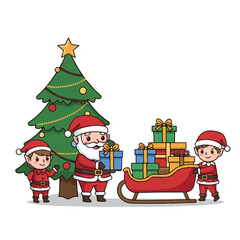 Cartoon illustration of Santa Claus and two children standing next to a decorated Christmas tree and a sleigh full of gifts on a white background with festive colors.