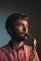 Young Musician Playing Saxophone in Artistic Portraits with Emotion