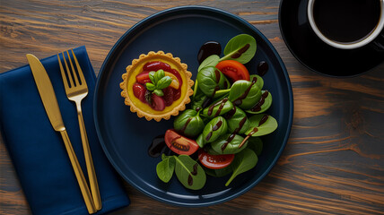 Savory Tartlet with Spinach Salad and Coffee on a Wooden Table pastry filling