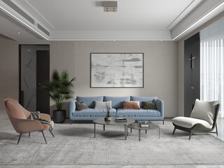 Stylish modern living room with a striking blue sofa, contrasting accent chairs (pink and white), and a large abstract artwork. The design uses a mix of warm and cool tones, 3D rendering.