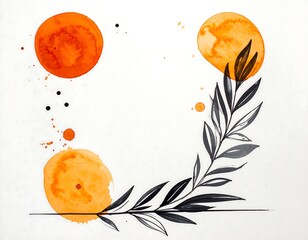 Watercolor illustration of abstract botanical composition with orange circles and leaves.