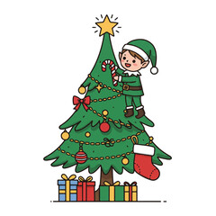 A cheerful Christmas elf decorating a tree with ornaments and a star on top, surrounded by gifts in a festive holiday scene.