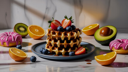 Stack of Waffles with Berries and Syrup Surrounded by Fruits and Donuts breakfast brunch