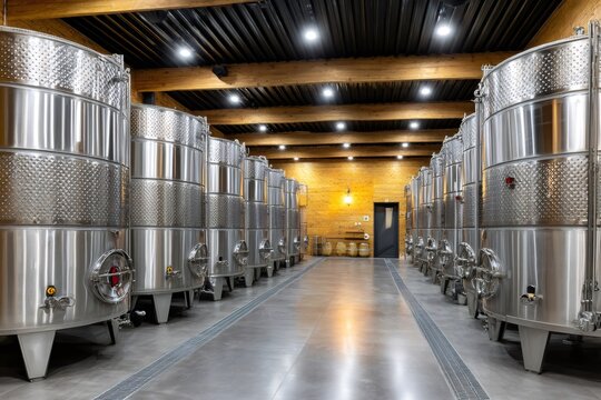 Winery interior with stainless steel fermentation tanks producing wine - Powered by Adobe