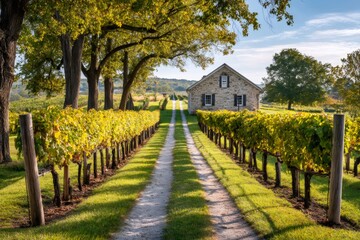 Obraz premium Vineyard stone house with long gravel path
