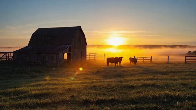australian hereford cows grazing at sunset view on a farm video