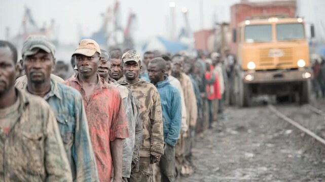 Long Line of African Workers Awaiting Work at a Port, with a Truck in the Background, Showing Poverty and Labor Exploitation