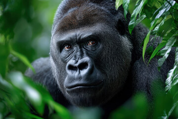 Fototapeta premium Majestic gorilla observing its lush tropical environment in the middle of the jungle