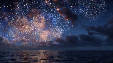 spectacular night landscape of fireworks over the sea illuminating the dark sky and ocean with brilliant lights
