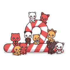 Colorful cartoon bears sitting on and around a large candy cane on a white background
