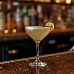 Elegant coupe glass filled with a citrus-infused alcoholic beverage, garnished with a vibrant lime wheel and a warm cinnamon stick, perfect for a chic bar setting
