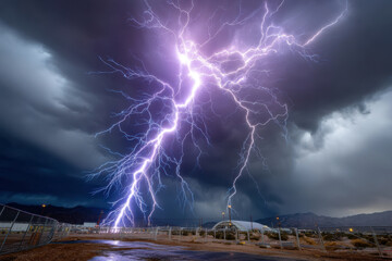 Powerful lightning strikes illuminate dark stormy skies in a desert landscape