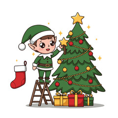 Cartoon elf decorating a Christmas tree with presents and a stocking nearby on a white background
