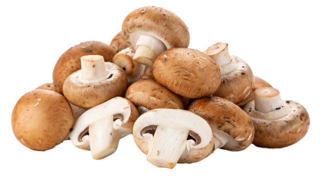 Freshly harvested button mushrooms piled high cut out on PNG. AI GENERATED.
