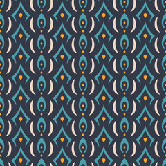 Fototapeta premium Bold seamless geometric pattern in blue, orange, and navy tones. Perfect for textiles, wallpapers and modern abstract backgrounds. Vector image. Easily Editable; Endless Design; Colorful lIlustration.