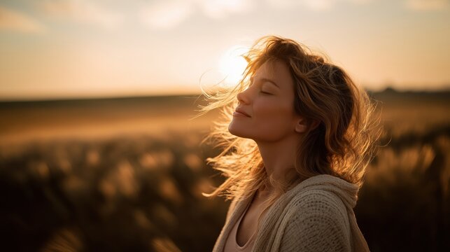 Backlit Portrait of calm running happy smiling free woman with closed eyes enjoys a beautiful moment life on the fields 