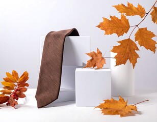Elegant brown tie with autumn leaves on white blocks.