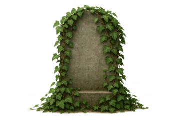 Old stone tombstone covered in green ivy